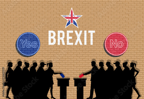 British voters crowd silhouette in Brexit with yes and no signs graffiti