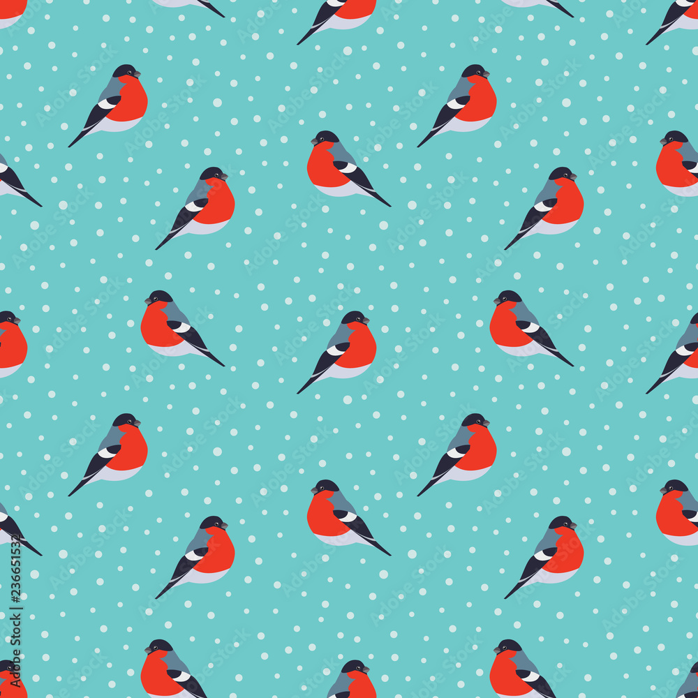 Seamless pattern with bullfinch and snow on green background. Seasonal winter natural pattern with bullfinch. Vector illustration.