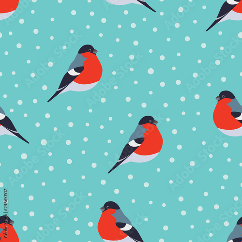 Seamless pattern with bullfinch and snow on green background. Seasonal winter natural pattern with bullfinch. Vector illustration.