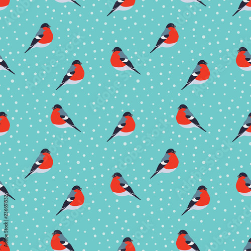 Seamless pattern with bullfinch and snow on green background. Seasonal winter natural pattern with bullfinch. Vector illustration.