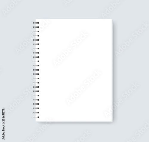 Notebook mock up isolated on gray background. Blank pages copybook with metal spiral template. Realistic closed notebook vector illustration.