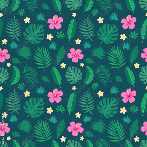 Exotic seamless colorful pattern with tropical jungle leaves and flowers of plumeria and hibiscus on dark background. Floral modern pattern for textile, manufacturing etc. Vector illustration