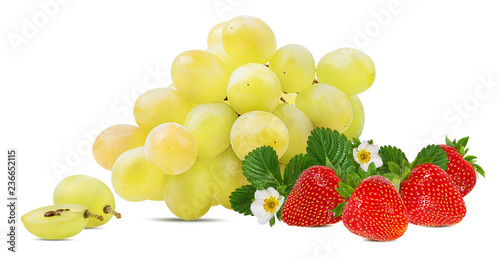 Fresh grapes and strawberries isolated on white background with clipping pass