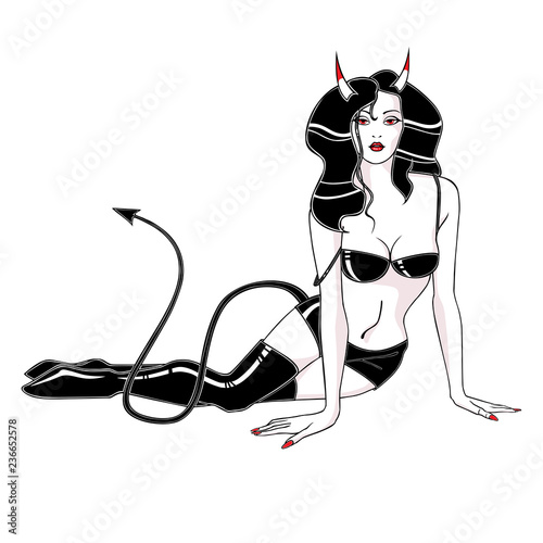 Woman vamp in black leather underwear and boots, with horns and tail, devil.
