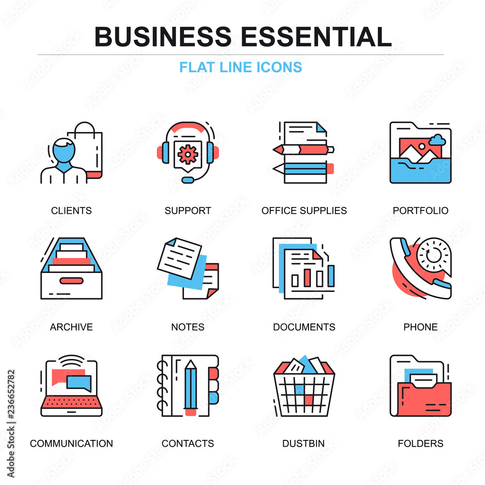 Flat line business essential icons concepts set for website and mobile site and apps. Clients support service, portfolio, office supplies. Thin line color simple pictogram pack. Vector illustration. Flat line business essential icons concepts set for website and mobile site and apps. Clients support service, portfolio, office supplies. Thin line color simple pictogram pack. Vector illustration.