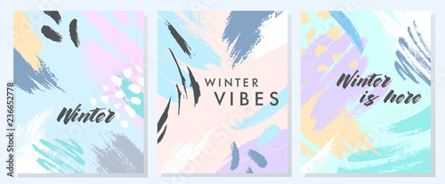 Unique artistic winter cards with hand drawn shapes and textures in soft pastel colors.Trendy graphic design perfect for prints,flyers,banners,invitations,special offer and more.Vector collages.