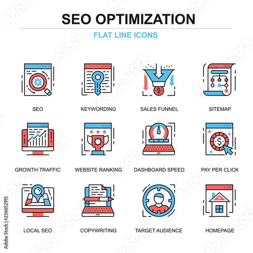 Flat line seo optimization icons concepts set for website and mobile site and apps. Search optimization, growth traffic and copywriting. Thin line color simple pictogram pack. Vector illustration.