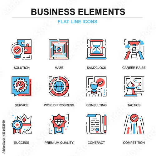 Flat line business elements icons concepts set for website and mobile site and apps. Symbols and new leadership metaphors. Thin line color simple pictogram pack. Vector illustration.