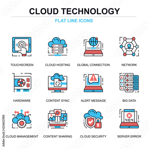 Flat line cloud technology icons concepts set for website and mobile site and apps. Computing network, cloud platform services. Thin line color simple pictogram pack. Vector illustration.