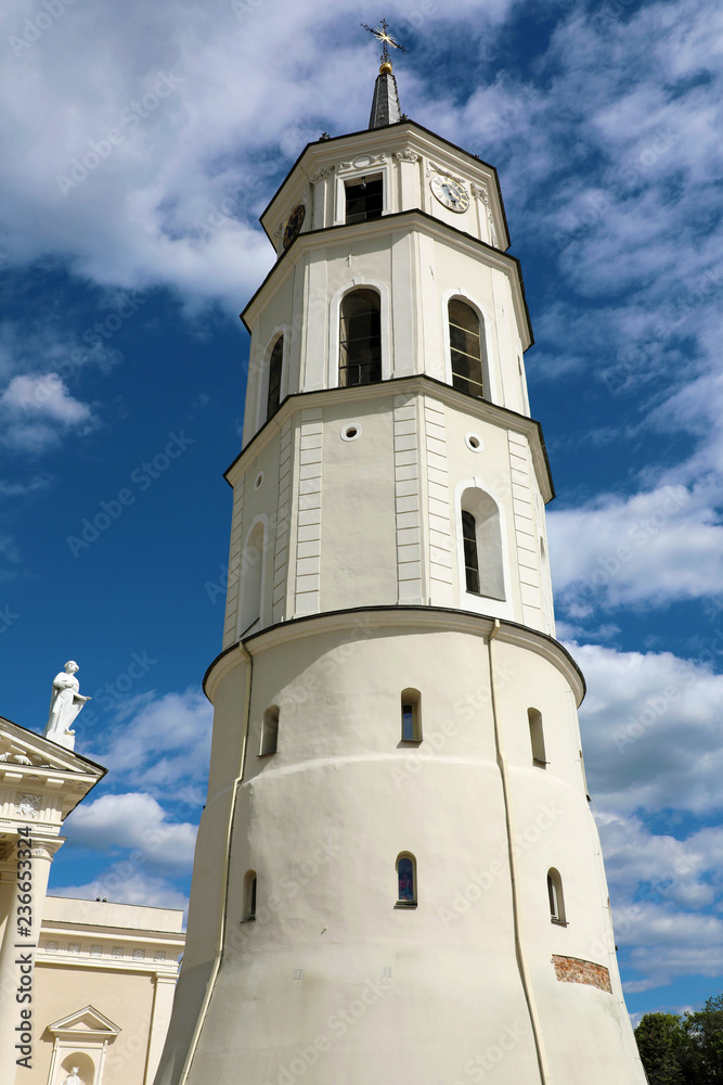VILNIUS, LITHUANIA - JUNE 7, 2018: Cathedral square with the Monument to Grand Duke Gediminas, Vilnius Cathedral and the Bell Tower