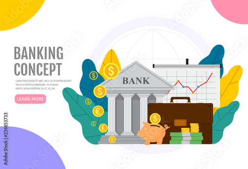 Vector flat illustration banking concept, financial services, bank financing. Business web banner with bright background.