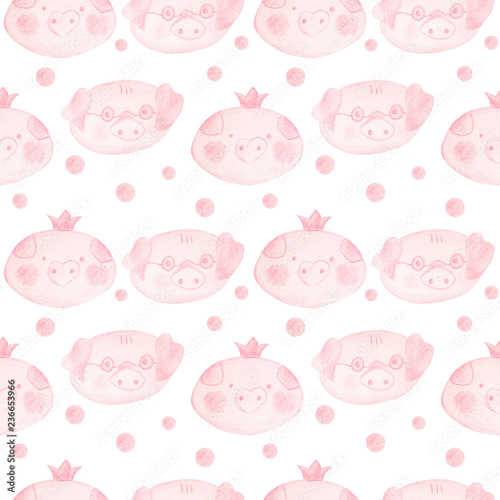 Seamless pattern with cartoon pigs. 2019 Chinese New Year of the Pig.