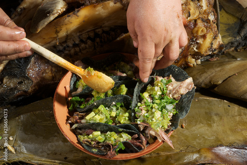 tacos de carne de cabeza de res cocida en pencas de maguey con salsa verde photo