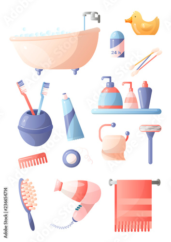 Set of different accessories in the bathroom that people use in everyday life, toothbrushes, toothpaste, hair dryer, hairbrush, mirror, scissors, vantos, soap and more.
