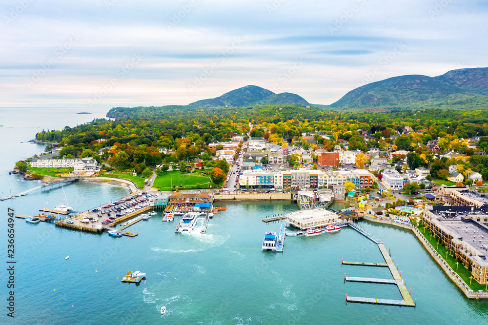 Aerial view of Bar Harbor, Maine. Bar Harbor is a town on Mount Desert Island in Hancock County, Maine and a popular tourist destination.