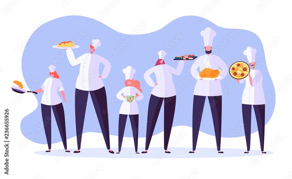 Chef characters set. Cartoon chief cooking in restaurant. Cook with tray  and different meals. Food industry. Vector illustration Stock Vector |  Adobe Stock