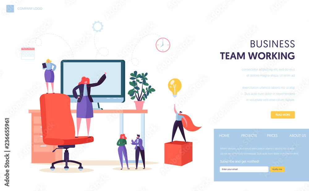 Teamwork office workplace landing page template. Business people characters working together for website or web page design. Vector illustration
