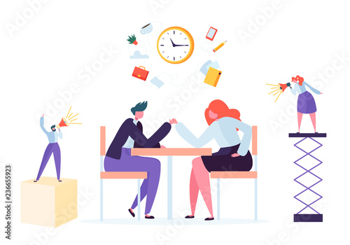 Business challenge, corporate rivalry concept. Business people characters armwrestling at office desk. Vector illustration