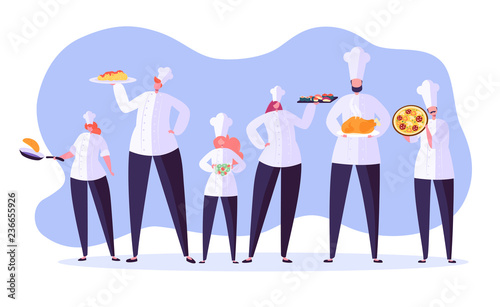 Chef characters set. Cartoon chief cooking in restaurant. Cook with tray and different meals. Food industry. Vector illustration