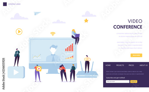 Video conference landing page template. Business People characters communication webinar, online education for website or web page. Vector illustration