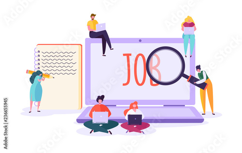 Job search candidate concept. Characters using laptop searching for job. Recruitment agency hiring technology, human resources. Vector illustration