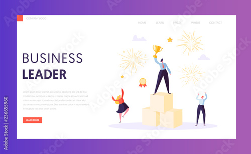 Business success, leadership, achievement landing page template. Businessman character with prize, successful teamwork for website or web page. Vector illustration