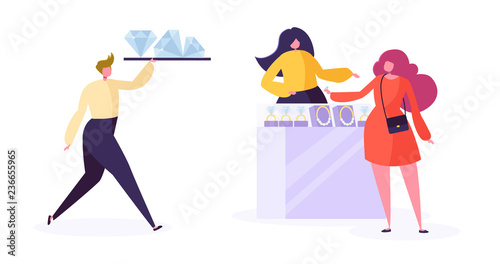 Jewelry industry concept. Jeweler seller with diamonds in store. Woman character buying luxury jewels in gemstone shop. Vector illustration