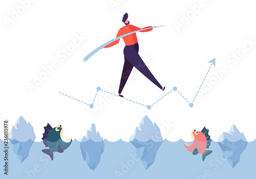 Business challenge concept. Businessman character walking on arrow above ocean with sharks. Financial risks. Vector illustration