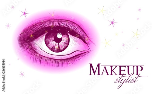 Vector hand drawn illustration of pink women eye. Concept for beauty salon, cosmetics label, cosmetology procedures, visage and makeup.