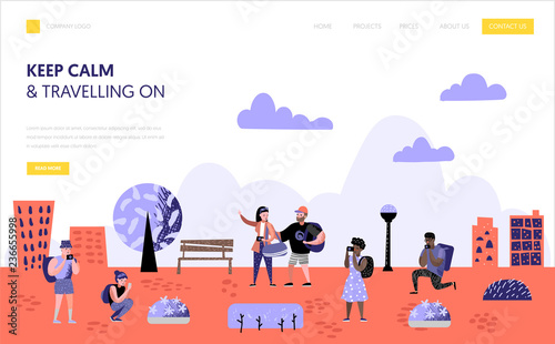Tourism and travel landing page template. Flat people characters travelling on vacation concept. Man and woman with photo camera for website or web page. Vector illustration