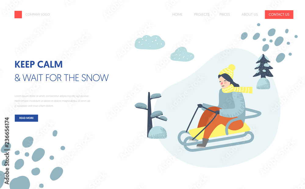 Winter Holidays Landing Page Template. Woman character sledding on snow mountains for Website or Web Page. Easy edit. Vector illustration