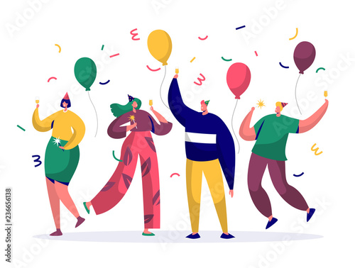 Group of joyful people celebrating New Year or Birthday party. Man and woman characters in hats having fun and having toast with confetti and balloons. Vector illustration