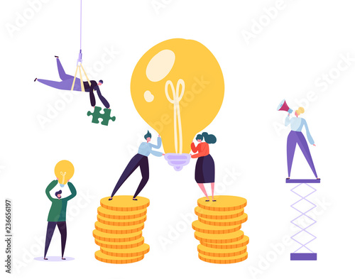 Creative idea brainstorming concept. Business characters working together with big light bulb. Searching for solutions, innovation. Vector illustration