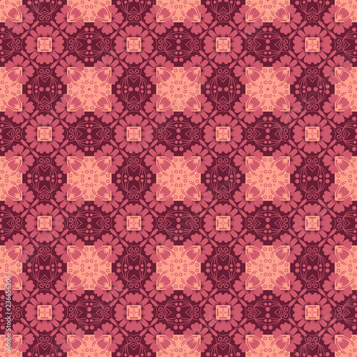 Seamless pattern from circular and square abstract floral ornaments in coral and pink color on garnet background. Vector illustration. Suitable for fabric, wallpaper and wrapping paper