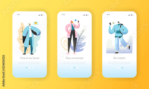 Social media onboarding mobile app screens. Young people characters chatting online in social network using smartphone and laptop for website or web page. Vector illustration