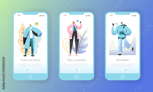Social media onboarding mobile app screens. Young people characters chatting online in social network using smartphone and laptop for website or web page. Vector illustration
