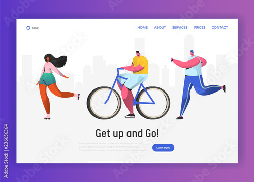 Active people sports landing page template. Happy characters riding bicycle, running, healthy lifestyle concept for website or web page. Easy edit. Vector illustration