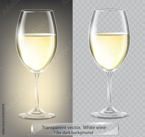 Transparent vector wineglass with white wine. For dark background