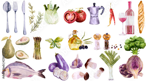 Watercolor vegetables set. Painted natural organic fresh farm food illustration on white background.
