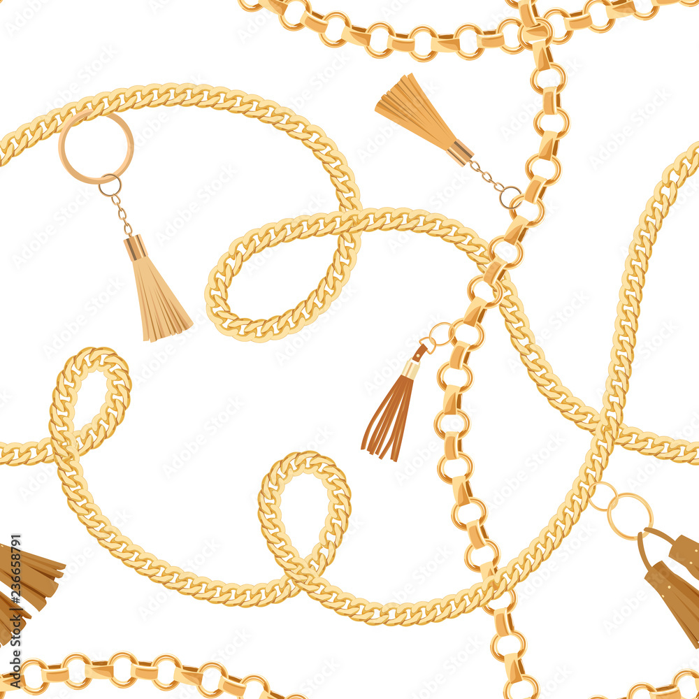 Fashion Seamless Pattern with Golden Chains. Fabric Design Background with Chain, Metallic accessories and Jewelry for Wallpapers, Prints. Vector illustration Fashion Seamless Pattern with Golden Chains. Fabric Design Background with Chain, Metallic accessories and Jewelry for Wallpapers, Prints. Vector illustration