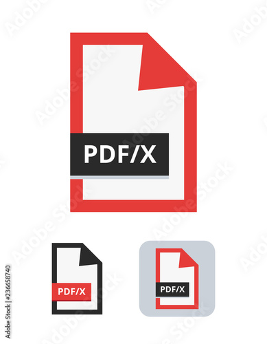 Pdf/x file flat vector icon. Symbol of PDF/X ISO standard for graphics exchange between graphic designer and printing plant or printing house isolated on a white background. 