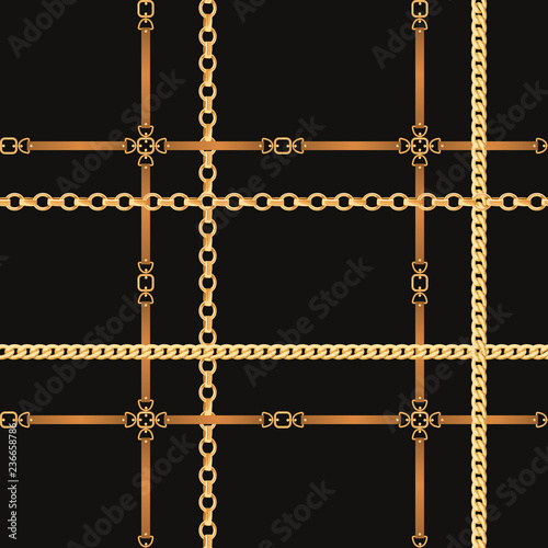 Chains and Belts Seamless Pattern. Fashion Background with Golden Chain and Leather Strap for Fabric, Textile, Wallpaper. Vector illustration