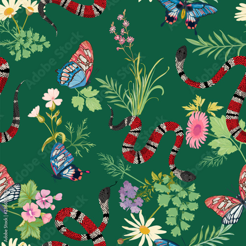 Coral snakes and tropical butterflies seamless Pattern. Snake fashion background for textile fabric  prints  wallpaper. Animal wildlife nature ornamental texture. Vector illustration