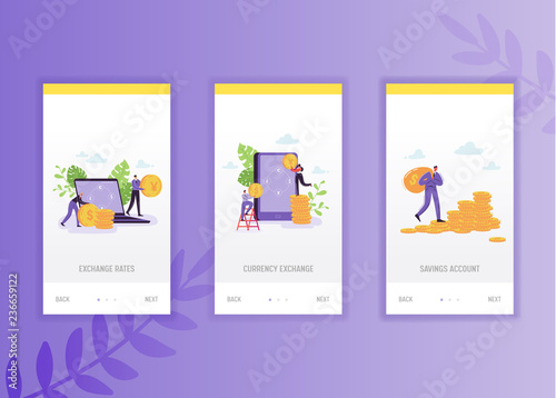Finance internet banking onboarding screens template. Business characters transfer money using smartphone for mobile app design or website. Vector illustration