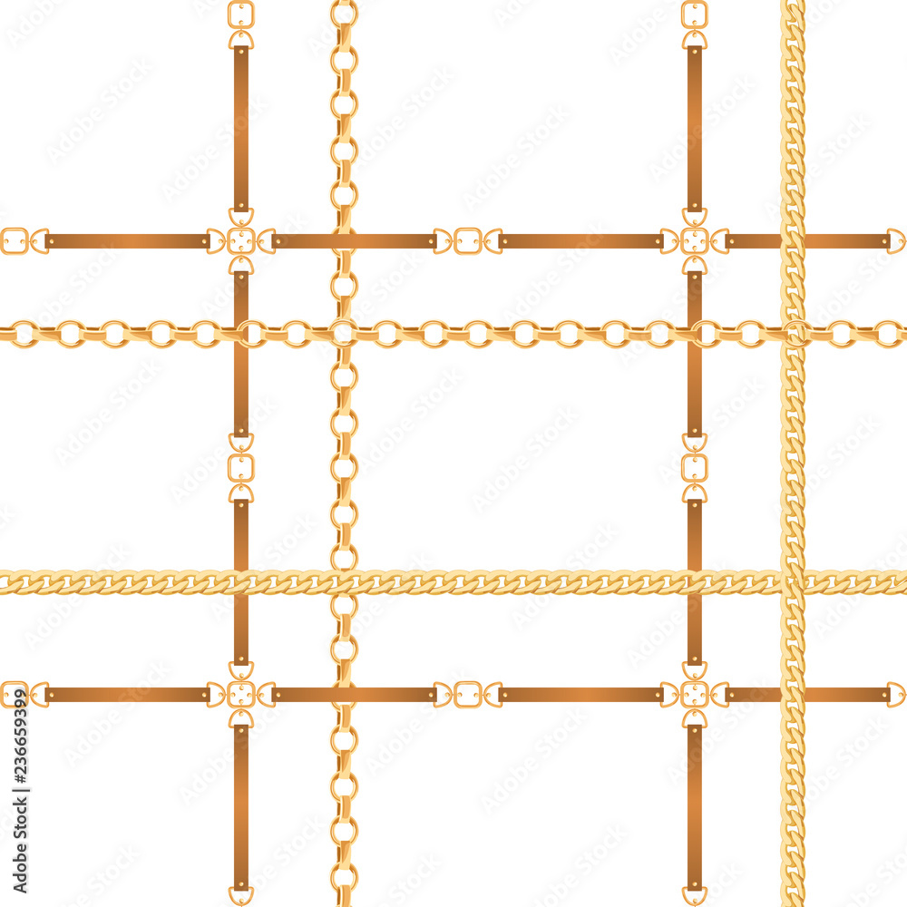 Fototapeta premium Chains and Belts Seamless Pattern. Fashion Background with Golden Chain and Leather Strap for Fabric, Textile, Wallpaper. Vector illustration