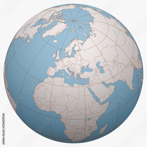Albania on the globe. Earth hemisphere centered at the location of the Republic of Albania. Albania map.
