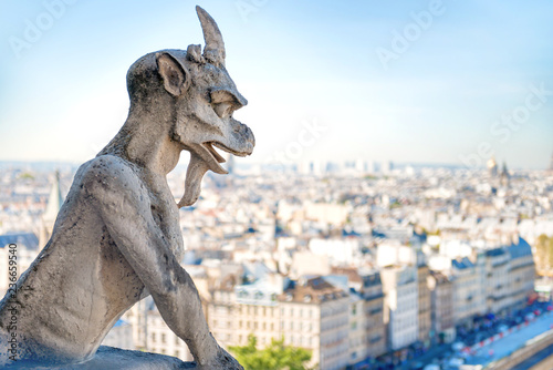 Gargoyle statue on Notre Dame de Paris cathedral in France © Pavlo Vakhrushev