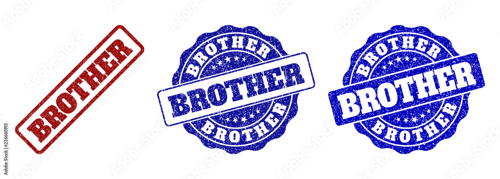 BROTHER scratched stamp seals in red and blue colors. Vector BROTHER labels with distress surface. Graphic elements are rounded rectangles, rosettes, circles and text labels. BROTHER scratched stamp seals in red and blue colors. Vector BROTHER labels with distress surface. Graphic elements are rounded rectangles, rosettes, circles and text labels.