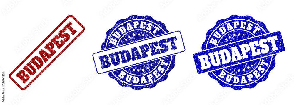 BUDAPEST grunge stamp seals in red and blue colors. Vector BUDAPEST overlays with draft style. Graphic elements are rounded rectangles, rosettes, circles and text labels. BUDAPEST grunge stamp seals in red and blue colors. Vector BUDAPEST overlays with draft style. Graphic elements are rounded rectangles, rosettes, circles and text labels.
