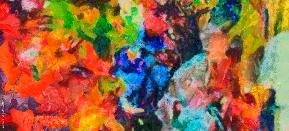 Detailed close-up grunge multi color abstract background. Dry brush strokes hand drawn oil painting on canvas texture. Creative simple pattern for graphic work, web design or wallpaper. 